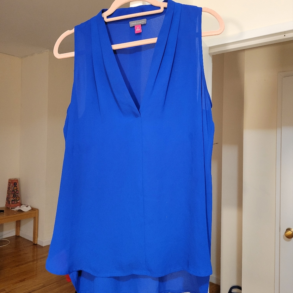 Blue Vince Camito tank top, semi-sheer medium with collar detailing